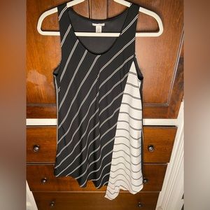 Halogen SP black and white striped dress with asymmetric skirt in front.